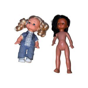 Vintage 7" Dolls Set Of 2 Blonde & Brunette With Denim Outfit & Bare Doll Plasti